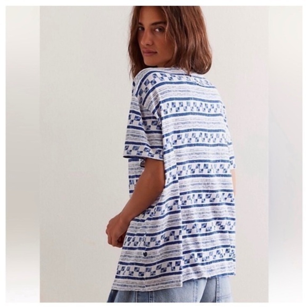Free People We the Free Nina Printed Tee small blue white geo new nwt cotton